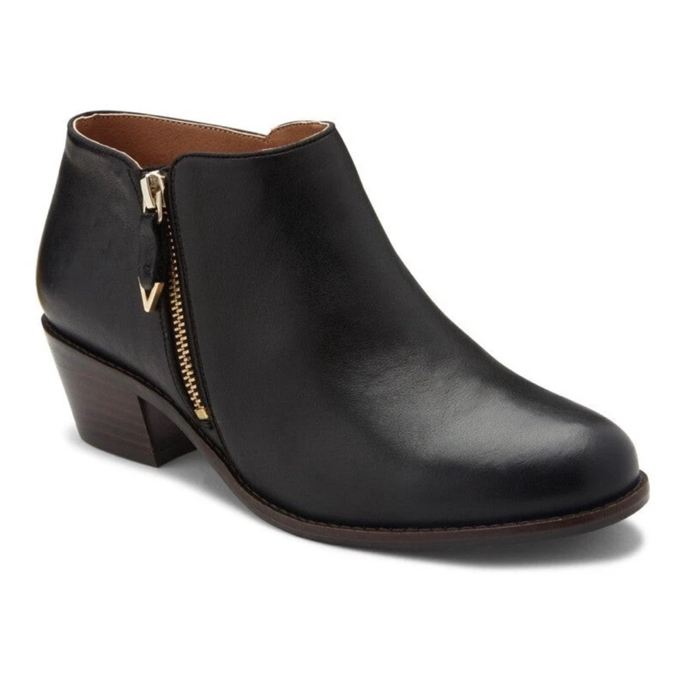 Vionic Jolene black leather ankle bootie with a gold-tone side zipper SZ 8.5
